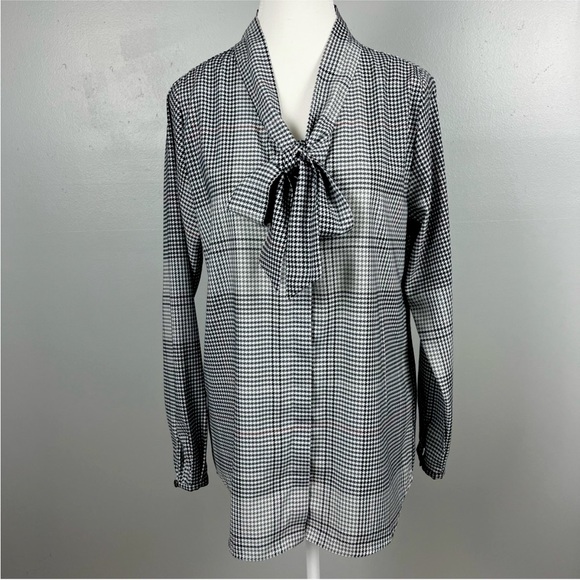 Vintage Barbour Secretary blouse bow tie neck houndstooth pattern fits M/L - Picture 1 of 10